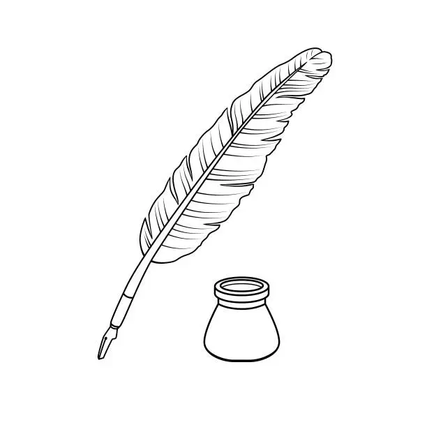 Vector illustration of Black and white cartoon quill pen for kids This is a vector illustration for preschool and home training for parents and teachers.