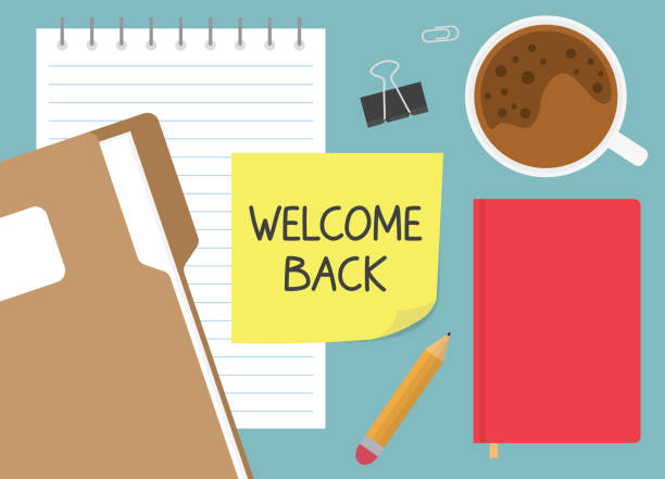 welcome back written on yellow sticky note welcome back written on yellow sticky note- vector illustration arrival stock illustrations