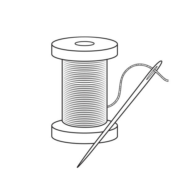 어린이를위한 만화를 착색하기위한 흑백 바느질 바늘 사진. 이것은 부모와 교사를위한 유치원 및 가정 훈련에 대한 벡터 그림입니다. - sewing thread sewing item spool stock illustrations