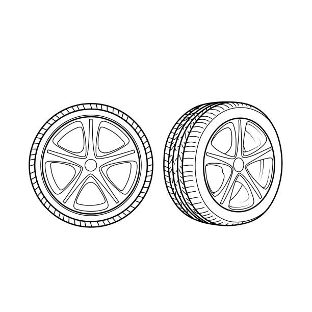 czarno-białe koła opon samochodowych cartoon dla dzieci jest to ilustracja wektorowa do treningu przedszkolnego i domowego dla rodziców i nauczycieli. - car rims obrazy stock illustrations