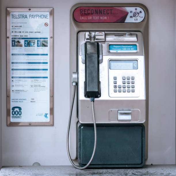 Brisbane, Australia - May 1 2021: Modern Public Telephone Telstra Payphone in Dayboro