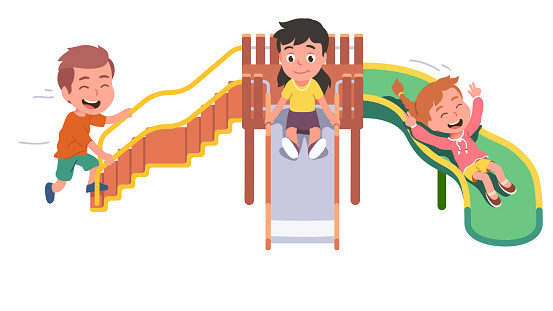Happy boy, girls kids climbing up ladder, sliding down slide having fun on playground. Excited children characters enjoying playing outdoors. Childhood active leisure. Flat style vector isolated illustration