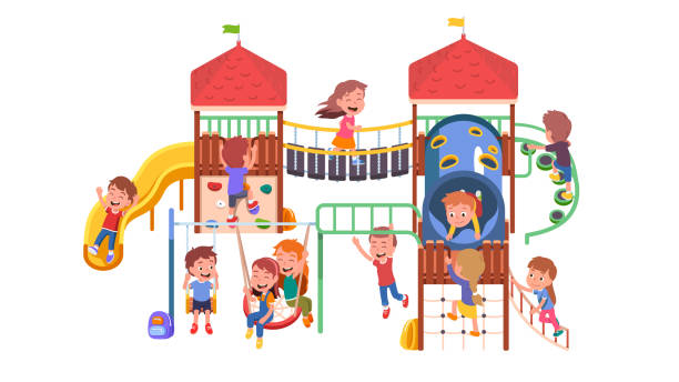 Big children playground. Happy boys, girls kids climbing, swinging, sliding down having fun. Playground equipment with ladders, slide, tube, swings. Enjoying playing activity. Flat vector illustration Big children playground. Happy boys, girls kids characters climbing, swinging, sliding down having fun. Playground equipment with ladders, slide, tube, swings. Enjoying playing activity. Flat style vector isolated illustration girl climbing ladder stock illustrations