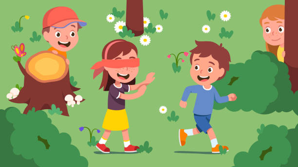 Boys, girls kids playing hide and seek on beautiful summer lawn. Blindfolded girl seeking friends hiding behind bushes, trees. Happy children enjoying outdoor game activity. Flat vector illustration Boys, girls kids playing hide and seek on beautiful summer lawn. Blindfolded girl seeking friends hiding behind bushes, trees. Happy children characters enjoying outdoor game activity. Flat style vector isolated illustration hiding place stock illustrations