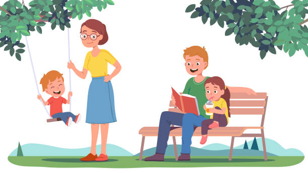 Mother, father, daughter, son kids walking in summer park. Dad reading book to girl sitting on bench. Mom swinging boy child on swing. Family enjoying outdoors. Parenting flat vector illustration Mother, father, daughter, son kids walking in summer park. Dad reading book to girl sitting on bench. Mom swinging boy child on swing. Family characters enjoying outdoors. Parenting flat style vector isolated illustration kids reading clipart stock illustrations