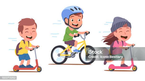 Girl Boys Kids Cyclists Enjoying Riding Bicycle And Kick Scooters Happy  Children Riders Cartoon Characters Having Fun Sports Transportation  Entertainment Flat Vector Isolated Illustration Stock Illustration -  Download Image Now - iStock