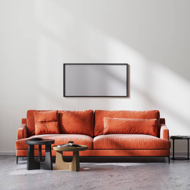 istock empty horizontal frame mock up in modern living room interior with red sofa and wooden coffee tables, white wall and raw concrete floor, scandinavian minimalistic style, 3d rendering 1322713279