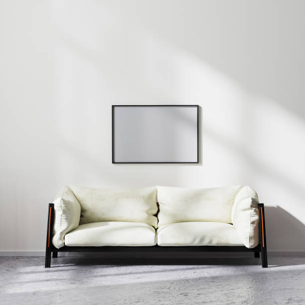 istock Blank horizontal frame mock up in scandinavian minimalistic style living room interior with white and black sofa, contemporary living room background, 3d rendering 1322713349