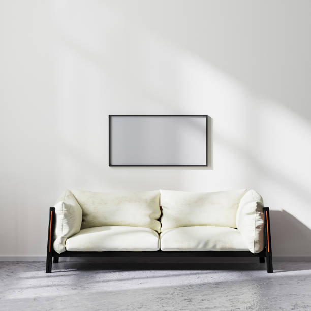 istock Blank horizontal frame mock up in scandinavian minimalistic style living room interior with white and black sofa, contemporary living room background, 3d rendering 1322713374