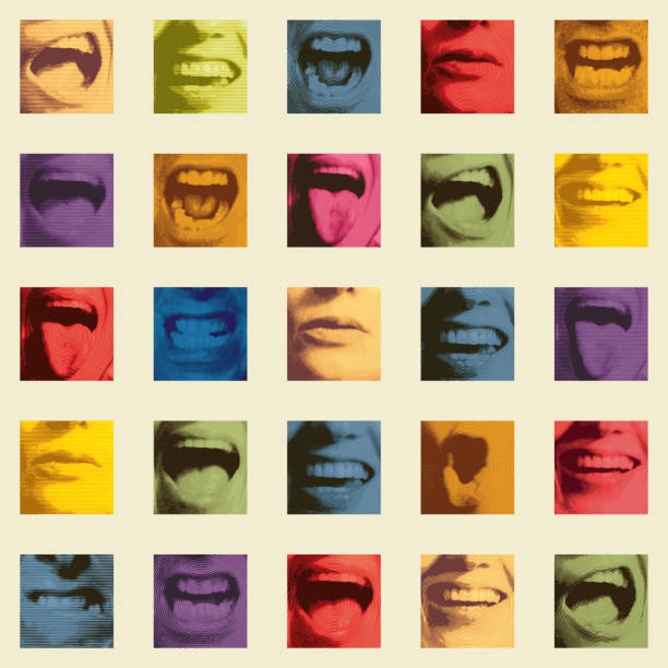 Seamless pattern with human mouths and lips Creative seamless pattern with a collage of colored square fragments that depict human mouths expressing various emotions. Bright vector background in retro style. Wallpaper, wrapping paper, fabric mens and womens fashion stock illustrations