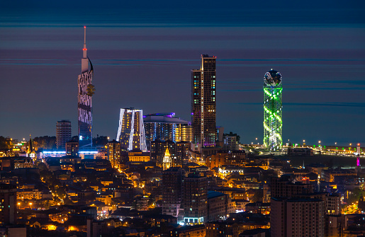 A picture of the city of Batumi at night, as seen from afar.