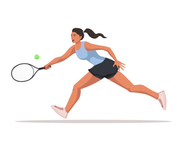 tenisistka biegnie, aby uderzyć piłkę rakietą odizolowaną na przezroczystym tle. - squash tennis stock illustrations
