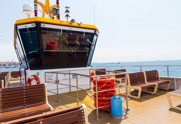 istock A passenger ferry's upper deck with wheelhouse, with no passengers 1322718940