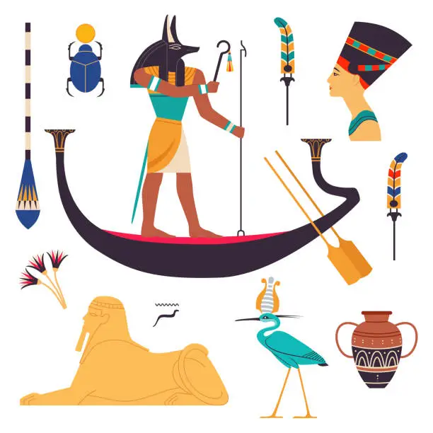 Vector illustration of Egypt Symbols and Attributes with Nefertiti Bust, Anubis on Boat and Androsphinx Vector Set