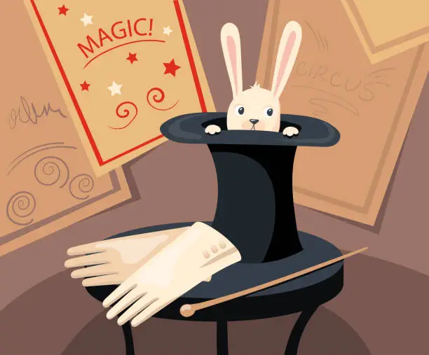 Vector illustration of Cute rabbit character hiding in top hat vector illustration