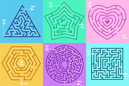 Maze games in form of different figures vector illustration set. Circle, heart, square, star, hexagon, solved puzzle with correctly marked entrance and exit. Labyrinth, riddle, mental activity concept