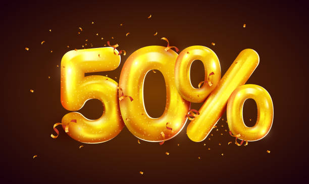 ilustrações de stock, clip art, desenhos animados e ícones de 50 percent off. discount creative composition of golden balloons. 3d 50% mega sale or fifty percent bonus symbol with confetti. sale banner and poster. - 50 percent