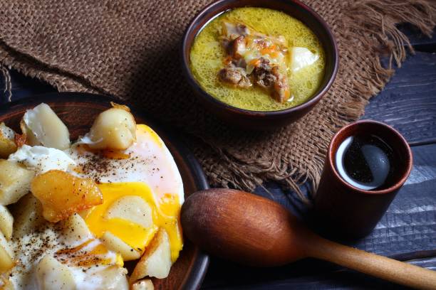 istock Rustic food from simple products. Soup, eggs and wine. 1322723023