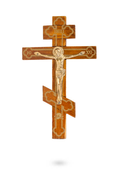 istock Wooden cross with god isolated on white background. 1322723096