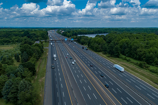 The New Jersey Turnpike and its 12 lane/dual-dual configuration looking north in South Brunswick, New Jersey.