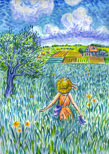 Walk in the field, watercolor illustration. The girl in the hat has taken off her shoes and walks in the tall grass towards the village.