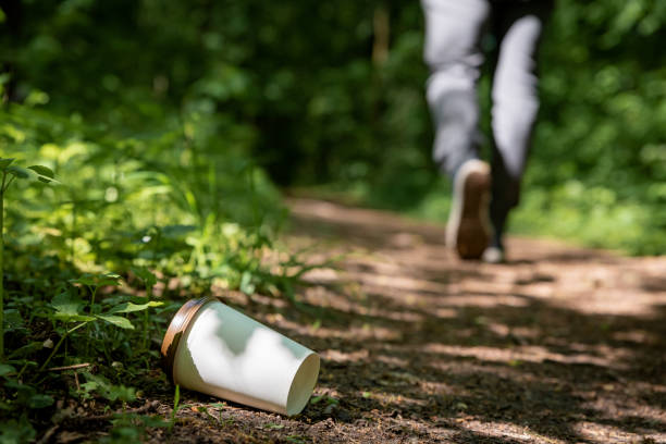 Disposable coffee cup thrown away on the ground in forest Disposable coffee cup thrown away on the ground in forest with person walking in the background. Environmental pollution and litter. Plastic waste canada close up color image day stock pictures, royalty-free photos & images