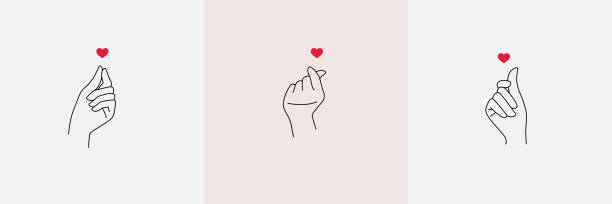 Female hand making fingers gesture small red heart. Asian sign of love, Korean symbol mini heart. Vector illustration of a love symbol in a minimalist linear trend style Vector illustration of a love symbol in a minimalist linear trend style korean icon stock illustrations