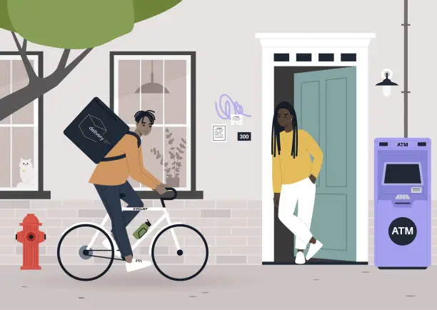 Vector illustration of Urban scene, a food delivery worker shipping order to a customer, daily city life