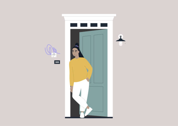 ilustrações de stock, clip art, desenhos animados e ícones de a young female asian character standing outside their entrance door, apartment renting theme - open front door