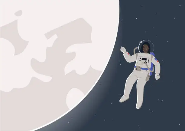 Vector illustration of A young female Black astronaut in a spacesuit floating in open space next to a glowing moon, a science fiction theme