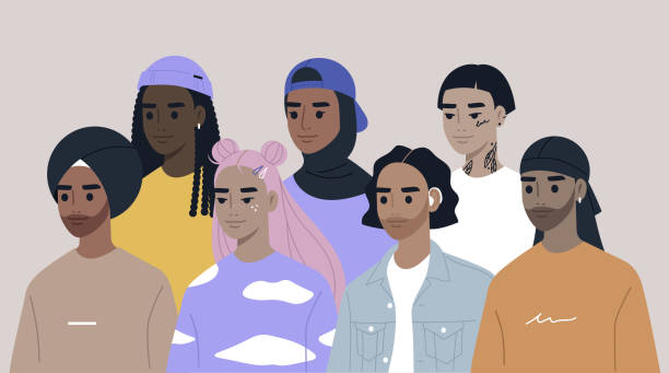 разнообразная группа молодых людей, одетых в традиционную и современную одежду - muslim cap stock illustrations