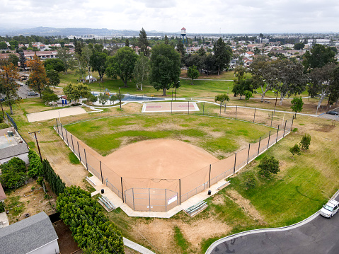 Aerial view of baseball fields in community park, Placentia, California, USA