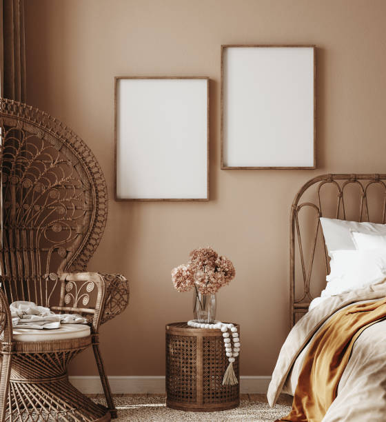 istock Home interior with ethnic boho decoration, bedroom in brown warm color 1322738988