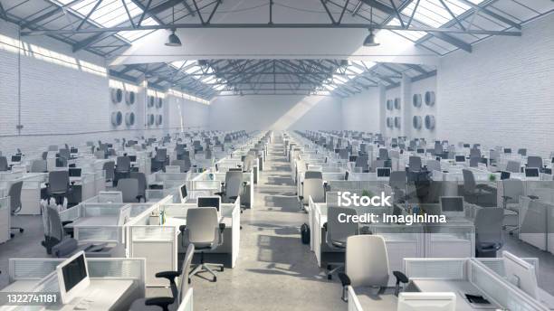 Large Call Center In A Warehouse Stock Photo - Download Image Now - Call Center, Office Cubicle, No People