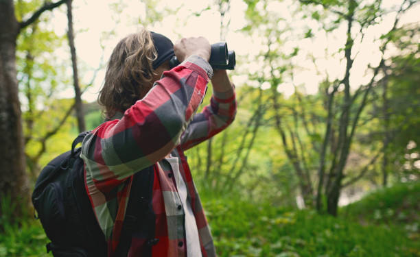 istock Man with rucksack and binoculars in the forest. 1322742419
