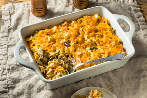 Homemade Cheesy Tuna Casserole with Peas and Egg Noodles
