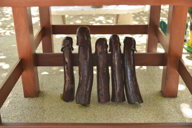 Several large wooden male genitals close up.
