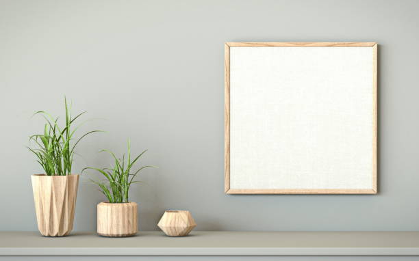 istock Mock up blank wooden picture frame with three vases 3D 1322745452