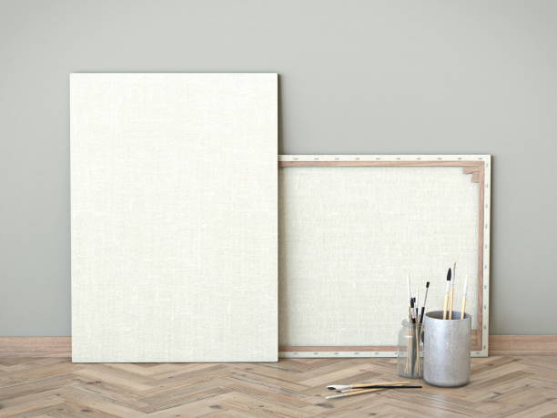 istock Mock up blank art canvas on wooden floor 3D 1322745478