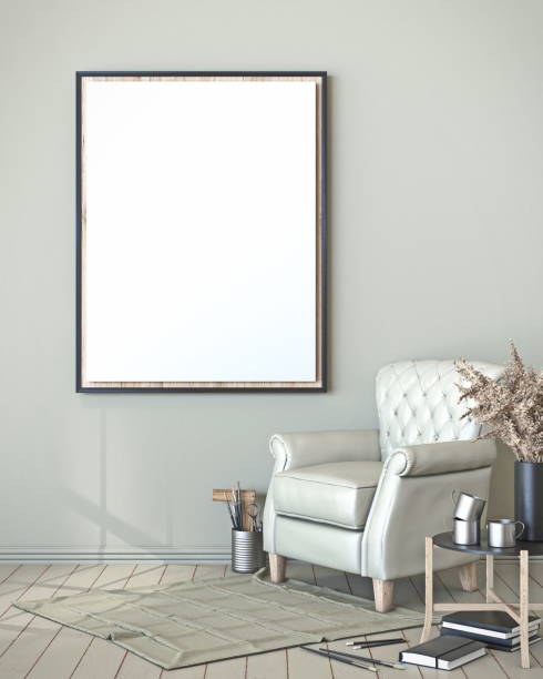istock Mock up blank picture frame with leather armchair 3D 1322745483