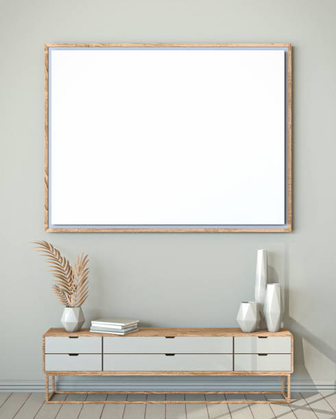istock Mock up blank picture frame with wooden stand and ceramic vases 3D 1322745485