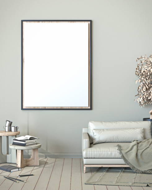 istock Mock up blank picture frame with sofa and sketchbooks 3D 1322745488