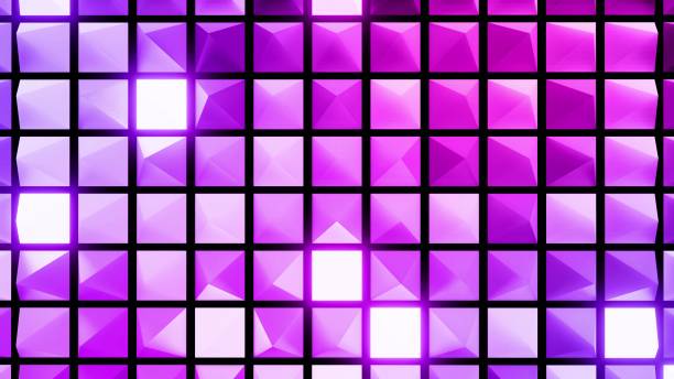 istock 3d render. Abstract festive background with red blue gradient color pyramids on a plane flashing neon light randomly. Beautiful bg 1322746744
