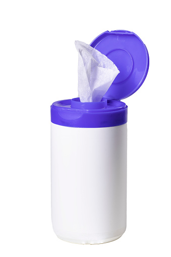 White wipes soaked in disinfectant. Household surface decontamination accessories. Isolated background.