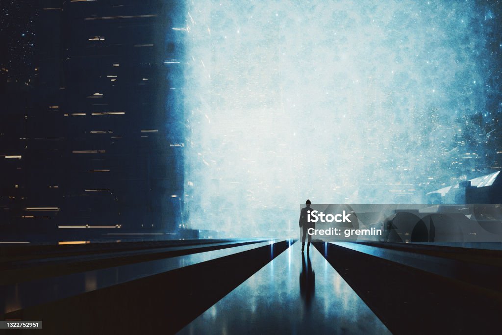 Lonely woman walking in futuristic city at night Lonely woman walking in futuristic city at night. 3D generated image. Futuristic Stock Photo