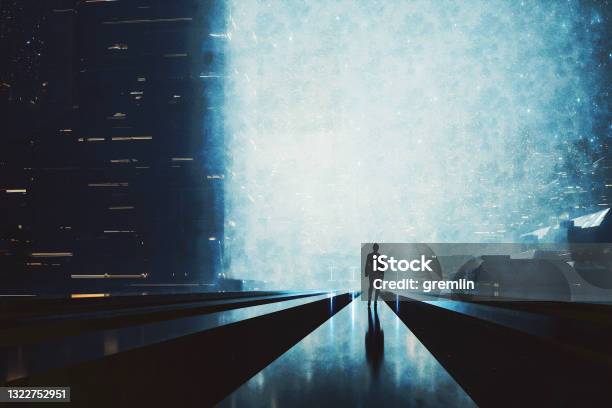 Lonely Woman Walking In Futuristic City At Night Stock Photo - Download Image Now - Futuristic, City, Dystopia - Concept
