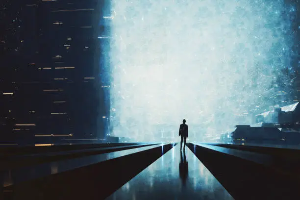 Lonely woman walking in futuristic city at night. 3D generated image.