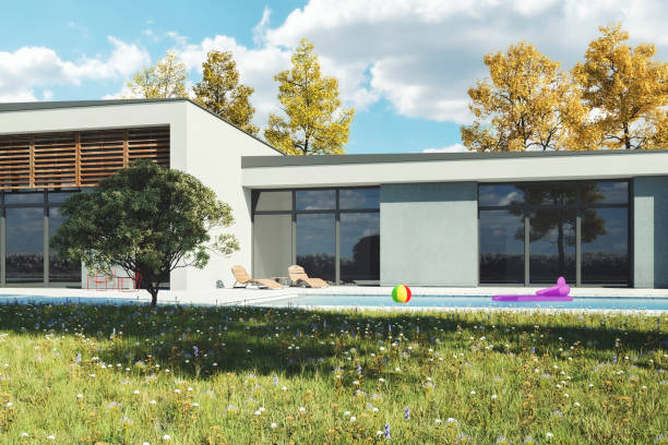 istock Modern home with garden swimming pool 1322752973