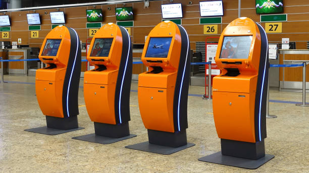 airport check-in machine, boarding pass printout. aeroflot self-check-in counter at sheremetyevo airport. - sheremetyevo imagens e fotografias de stock