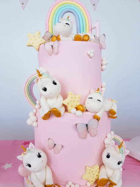 istock Birthday cake with unicorns and rainbow 1322757749
